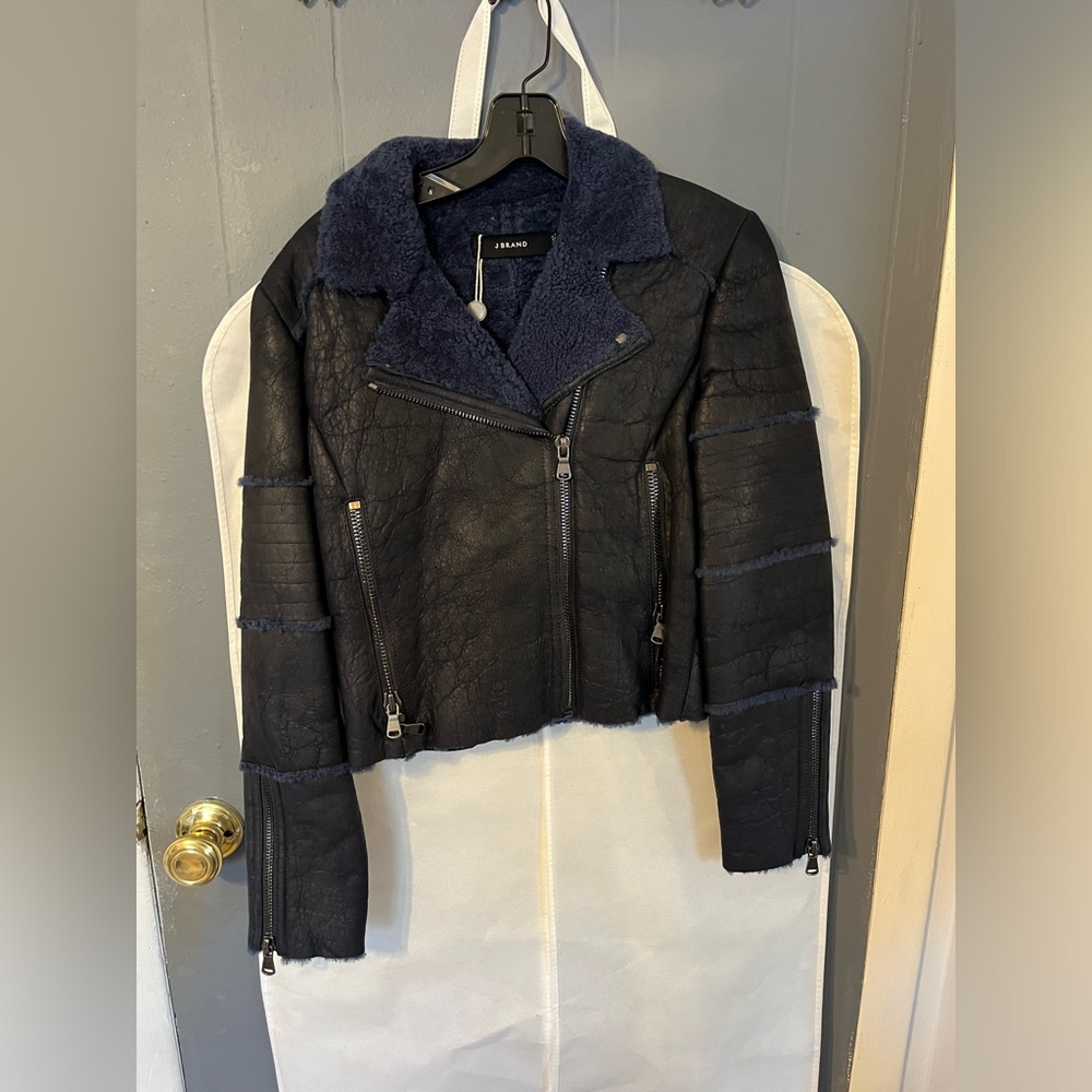 J brand Aiah lambskin leather moto jacket; Genuine Shearling Trim Washed Navy